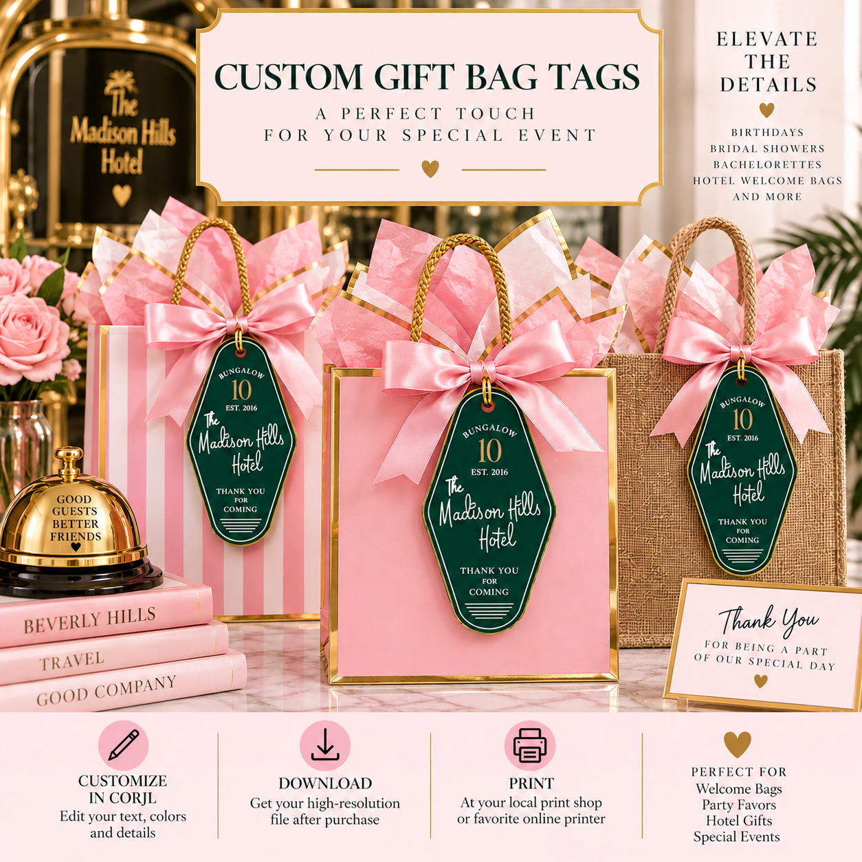 Beverly Hills Party - Thank You Gift Tags | Editable Party Favor Tags | Pink & Green Hotel Theme
