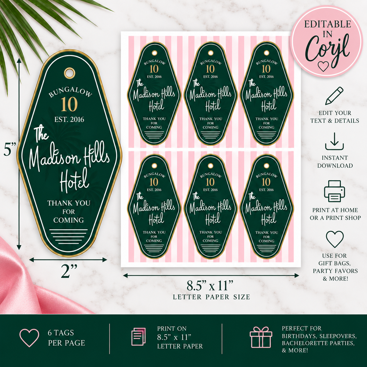 Beverly Hills Party - Thank You Gift Tags | Editable Party Favor Tags | Pink & Green Hotel Theme