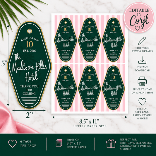 Beverly Hills Party - Thank You Gift Tags | Editable Party Favor Tags | Pink & Green Hotel Theme